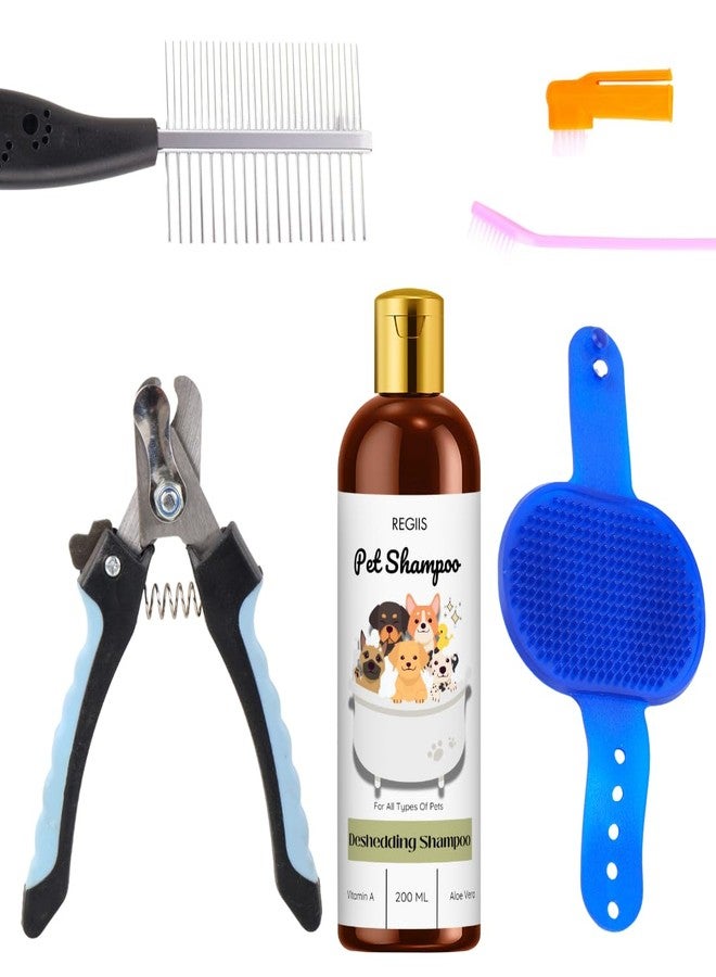 مجموعة ريجيس للعناية بالحيوانات الأليفة، مجموعة من 5 قطع مع شامبو لإزالة الشعر الزائد، مقص أظافر، مشط مزدوج الجوانب، فرشاة، أداة للعناية بالكلاب، 200 مل - Image 1